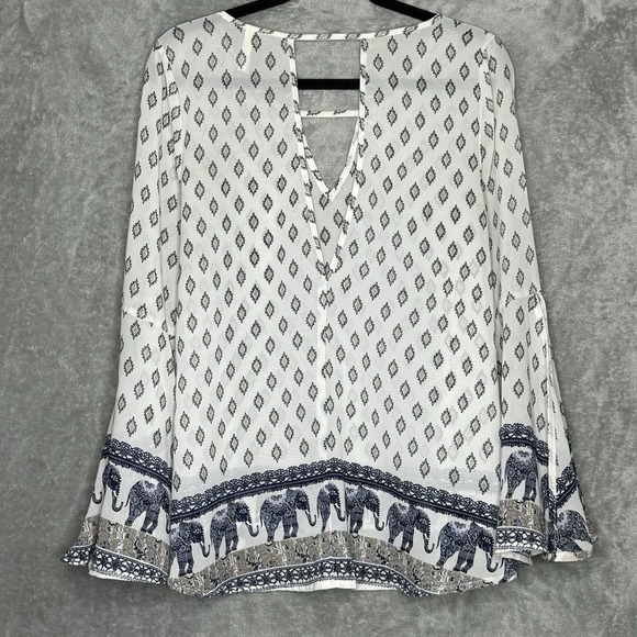 Live & Truth Large Shirt Top White Paisley Slit Long Sleeve Keyhole Scoop Neck - Picture 6 of 9